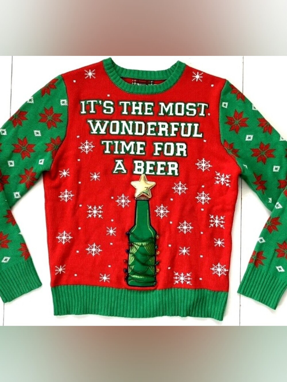 Spencers Holiday Red & Green Beer Graphic Sweater W/ Lights Size Large